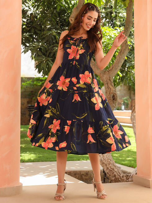 Printed Fit & Flared Pure Cotton Midi Ethnic Dresses